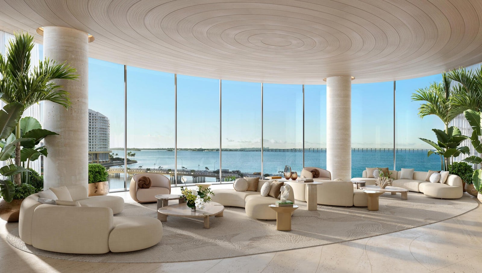 A rendering of a residential lounge overlooking the water